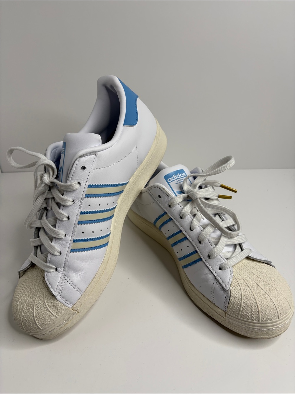 adidas White Superstar Sneakers with Light Blue Stripes GX9876